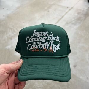 Green Trucker Hat with White and Orange Text